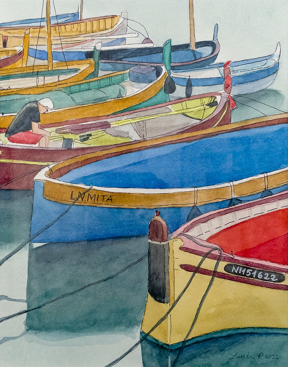 A watercolor painting of colorful boats docked in a marina.
