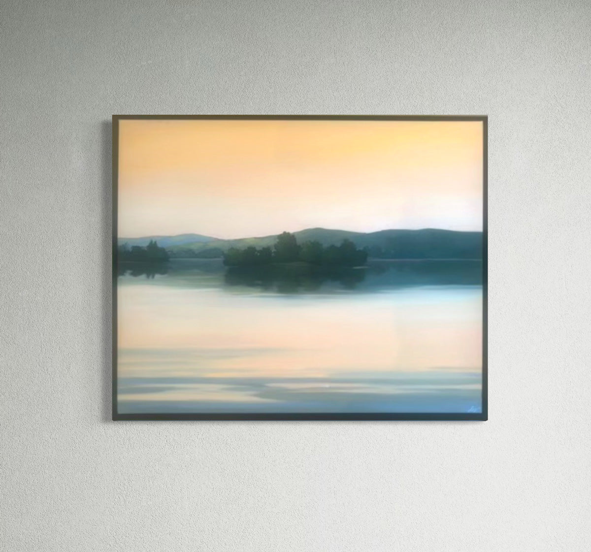 Framed artwork of a landscape with trees and water on a gray wall