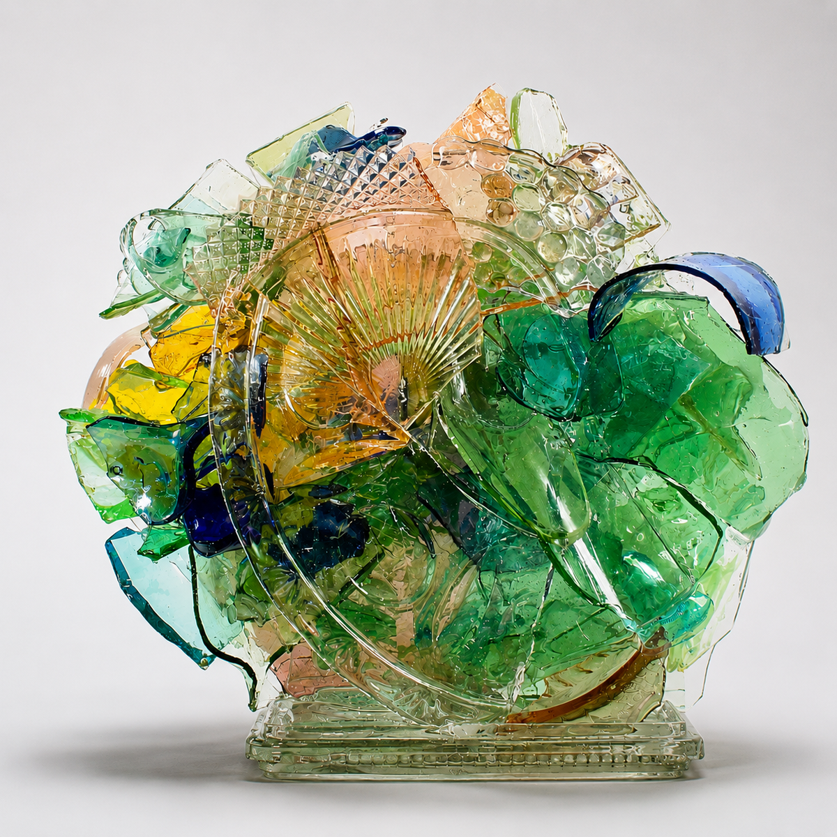 Colorful glass sculpture on a white table