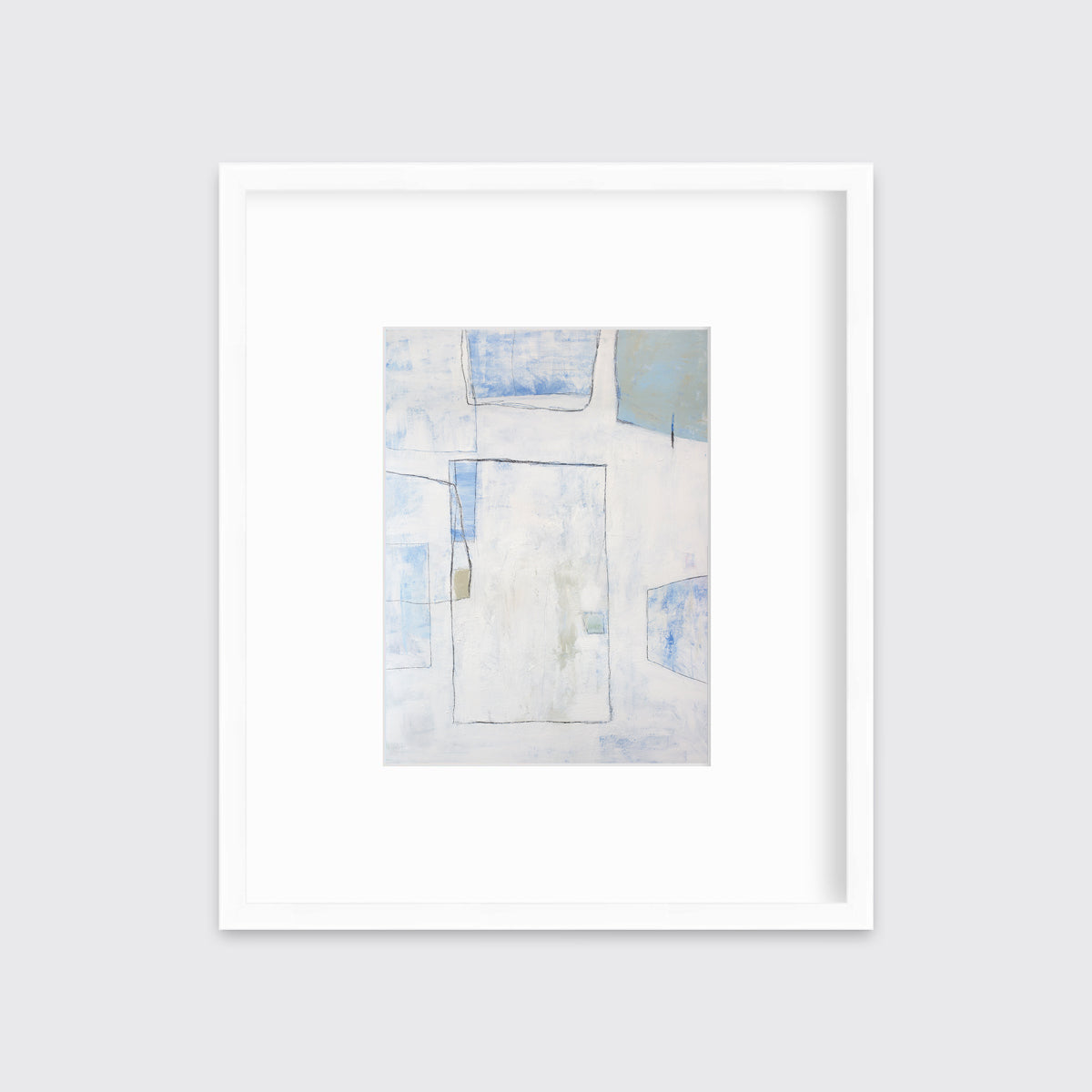 A white, blue and green abstract print in a white frame with a mat hangs on a white wall.