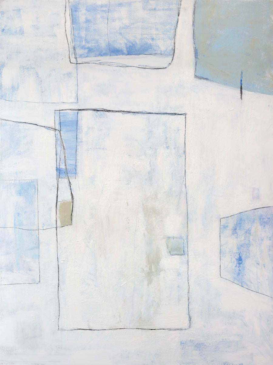 A white, blue and green abstract print by Sue De Chiara.