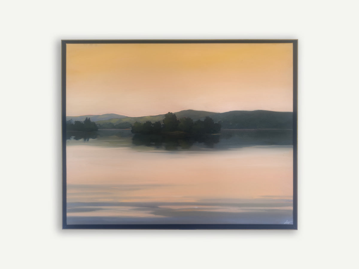 Framed artwork of a landscape with trees and water on a white background