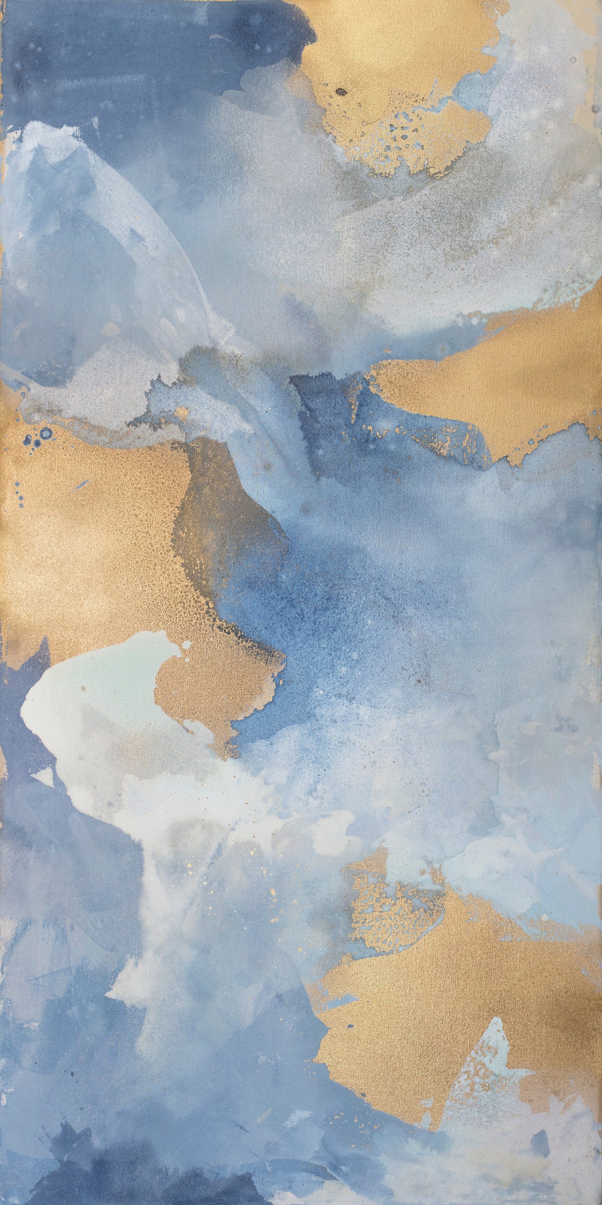 A blue, gold and white abstract print by Julia Contacessi.