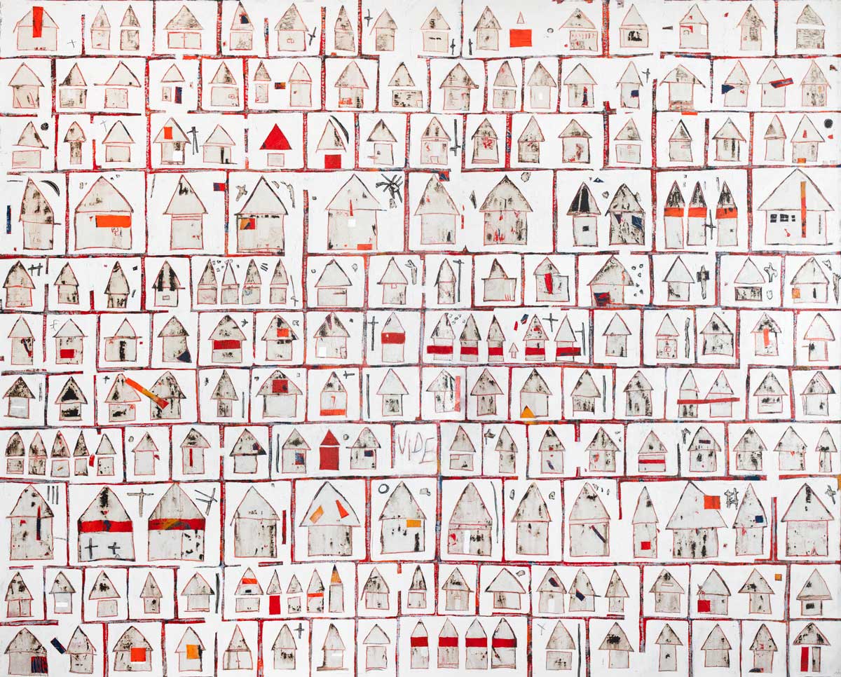 A red and white abstract house print by Sofie Swann.