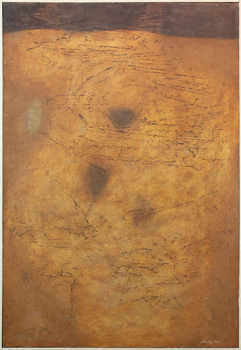 A framed warm yellow and brown abstract painting by Stanley Bate.
