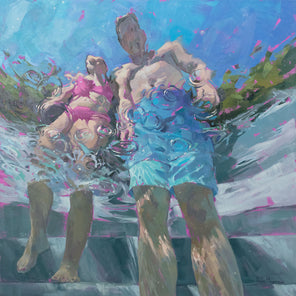 A painting of two figures in swimsuits from an underwater point of view.