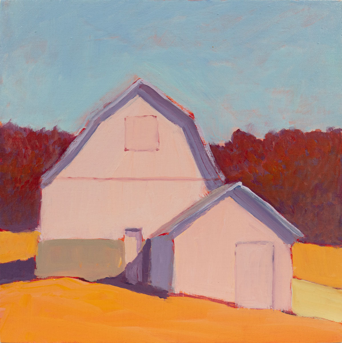 A painting of a pink barn in front of red trees by Carol Young.
