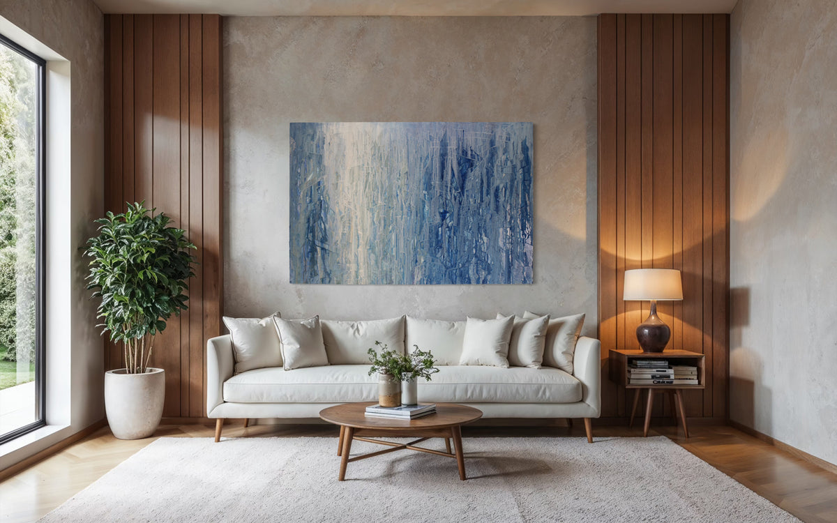 Modern living room with a white sofa, original abstract painting by Teo Guererra, and decorative items.
