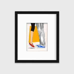 Art print with man and woman wearing Converse sneakers, matted and framed in a black frame and hanging on a grey wall.