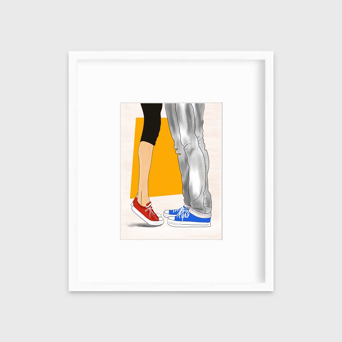 Paper art print with man and woman wearing Converse sneakers, matted and framed in a white frame and hanging on a grey wall.