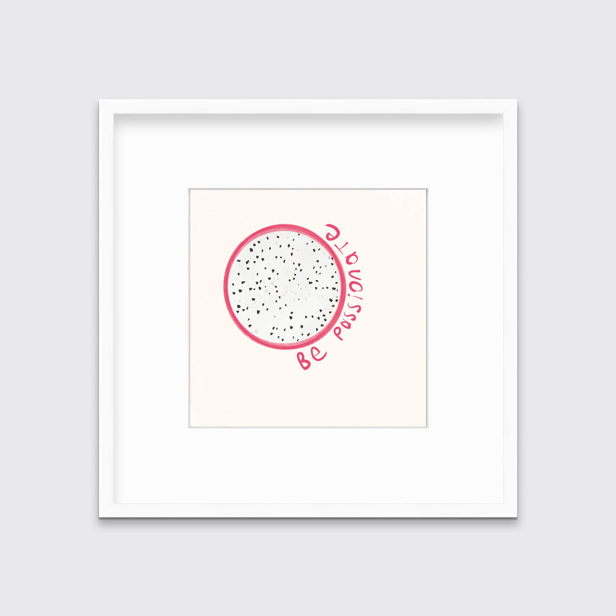 An art print of a minimalistic abstract fruit with the words "be passionate" in a white frame with a mat hangs on a white wall.