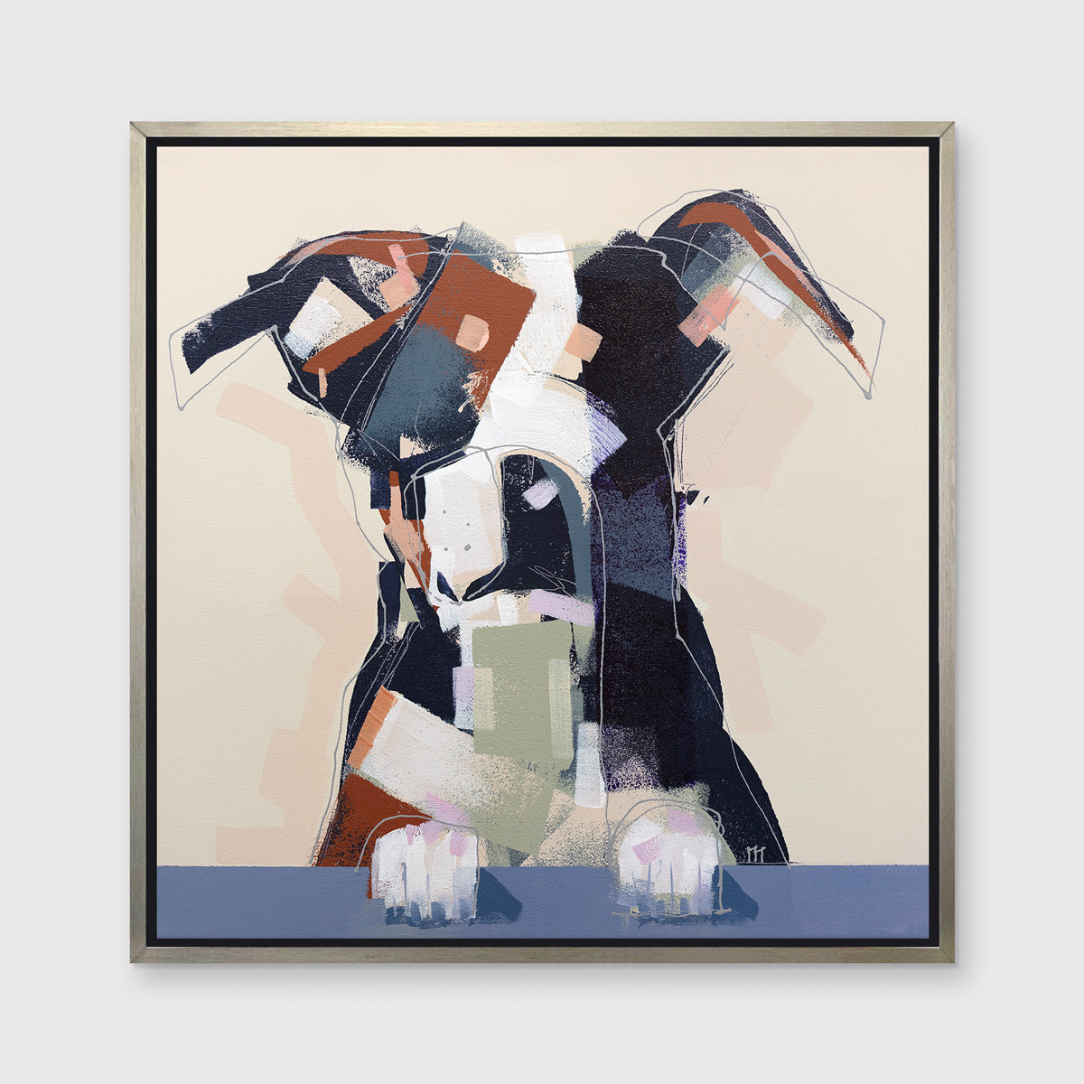 A navy, brown, white and beige abstract dog print in a silver floater frame hangs on a white wall.