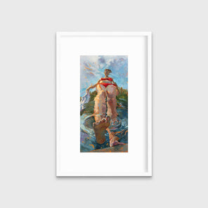 A colorful distorted figurative print of a girl putting one foot into the water in a white frame with a mat hangs on a white wall.