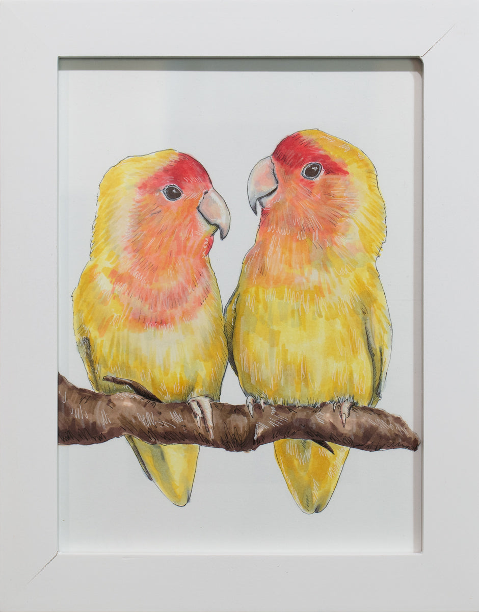 A framed illustration of yellow and orange birds sitting on a branch.