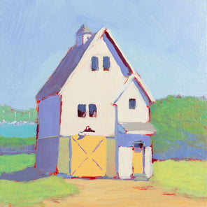 A green, blue, violet, and yellow painting of a house by Carol Young. 