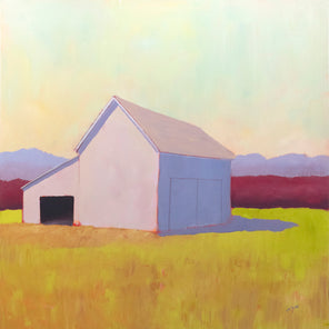 A landscape painting of a blush lavender barn with a tinted yellow sky, lavender and raspberry colored hedges and a chartreuse and orange foreground by Carol Young. 