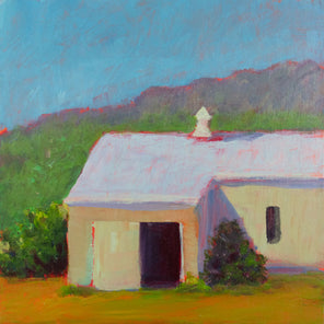 A green, blue, and yellow painting of a house in a landscape by Carol Young. 
