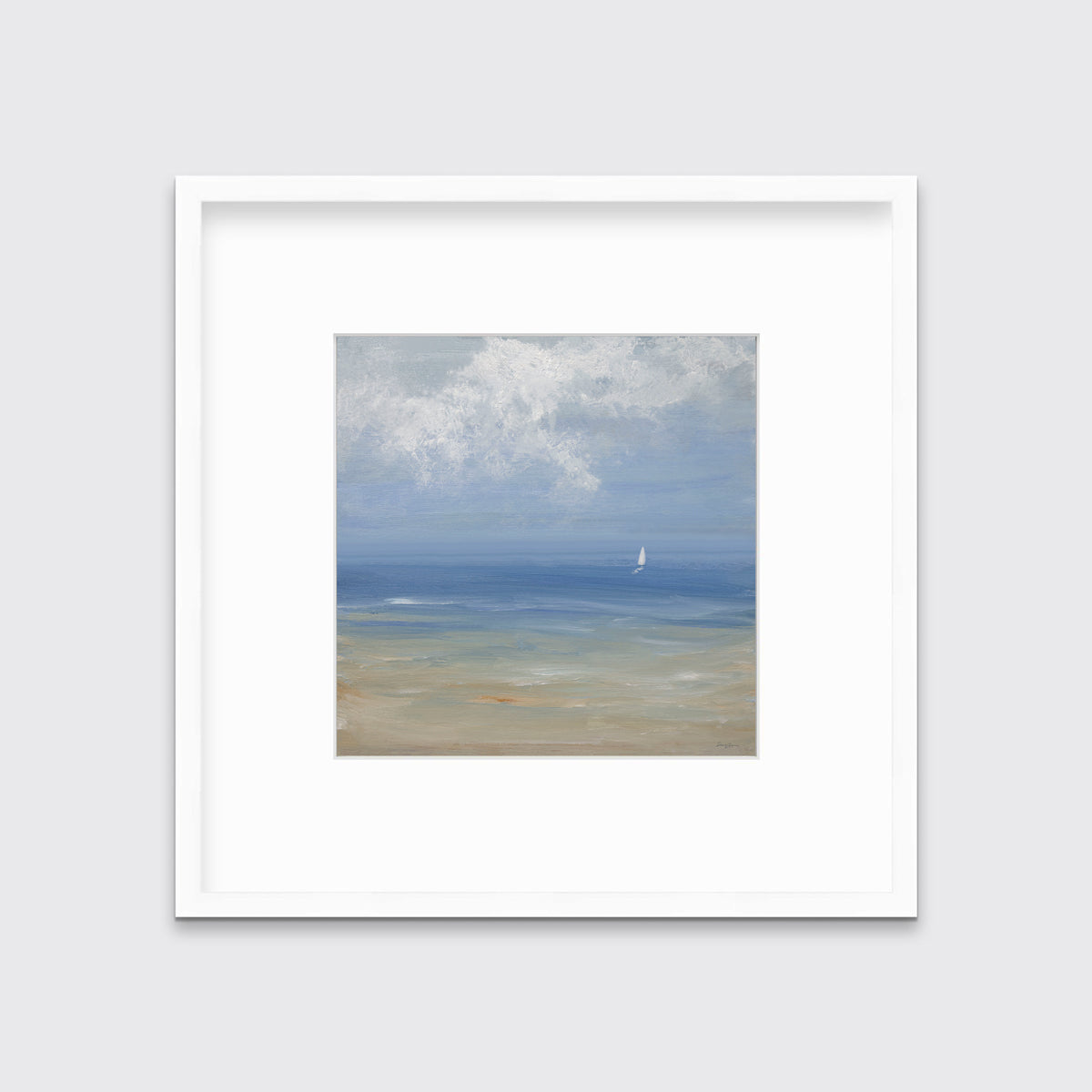 A blue, light green, beige and white abstract seascape print with a small sailboat in a white frame with a mat hangs on a white wall.