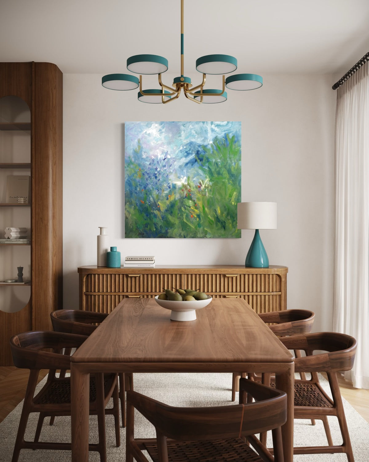 Dining room with wooden table and chairs, featuring a large abstract floral painting on the wall.