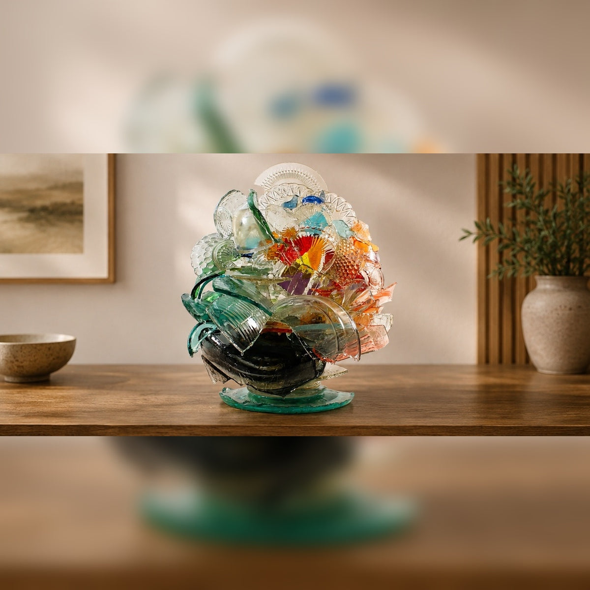 Colorful glass sculpture on a wooden surface with a blurred background