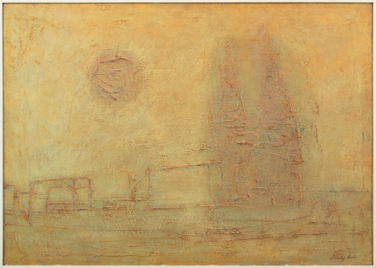 A warm yellow abstract painting by Stanley Bate framed in a white frame.