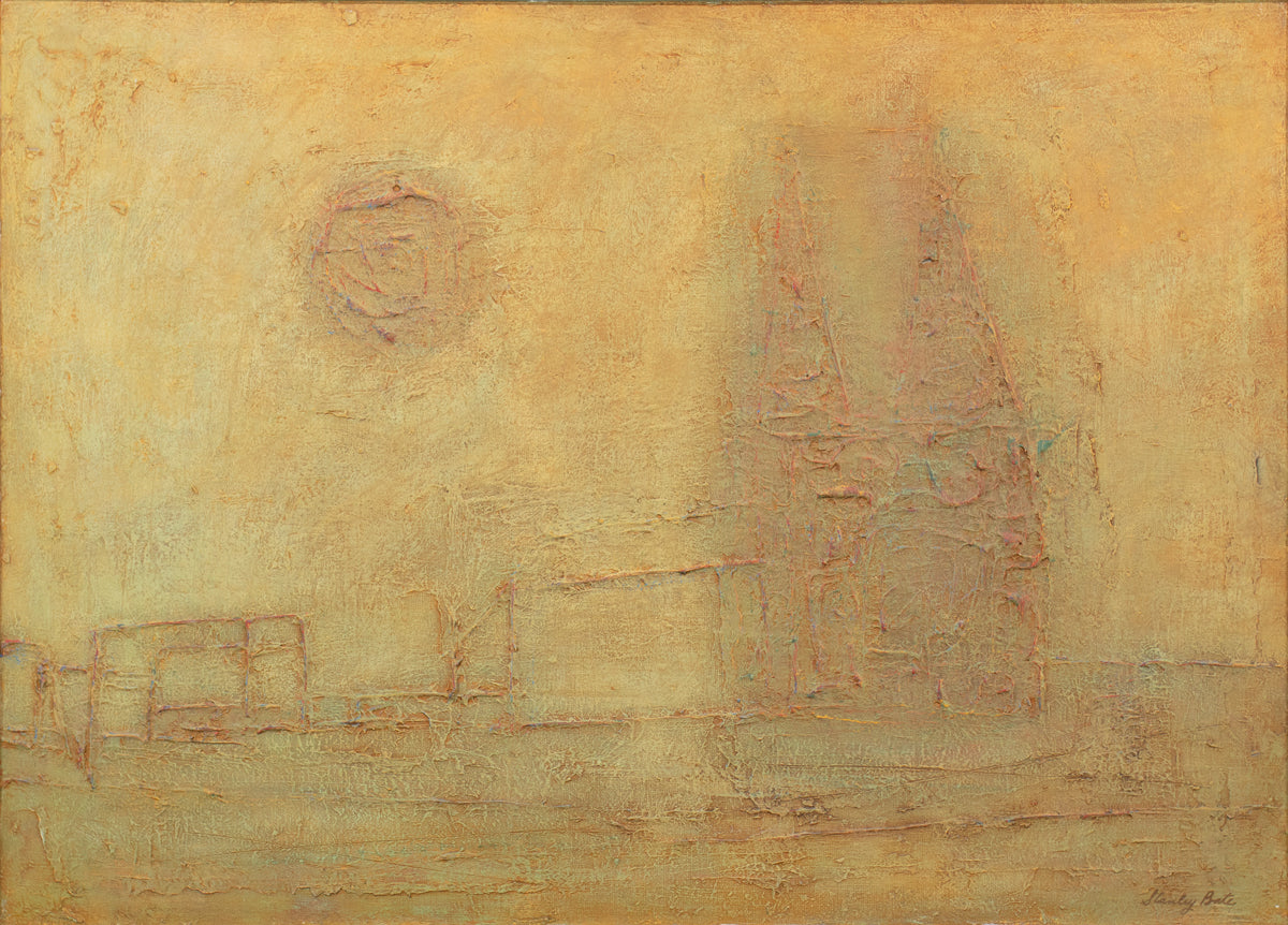 A textured yellow abstract painting by Stanley Bate.