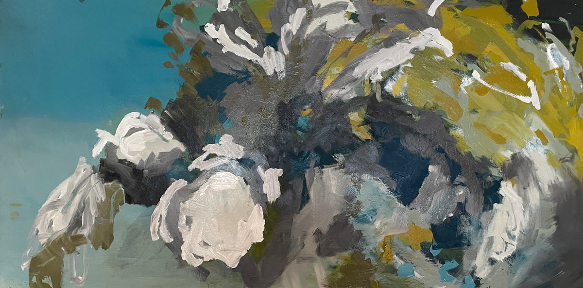 Abstract painting with a mix of gray, white, yellow, and blue colors.