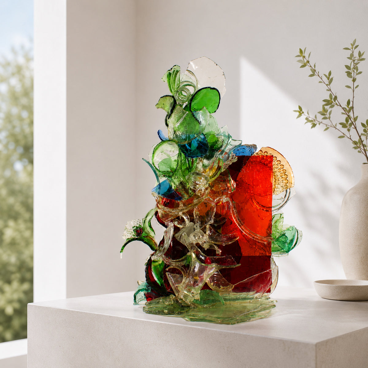 glass sculpture on a white surface with a blurred natural background