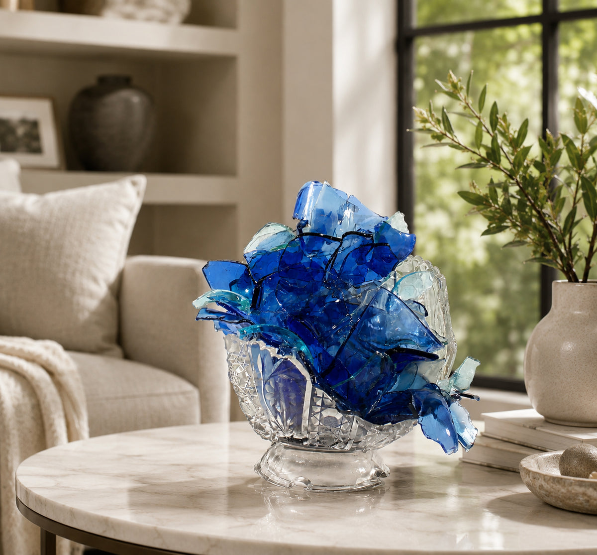 Glass sculpture of a flower made from blue glass pieces on a marble table in a living room setting
