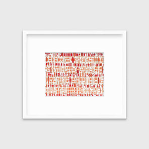 A red, white and orange abstract print in a white frame with a mat hangs on a white wall.