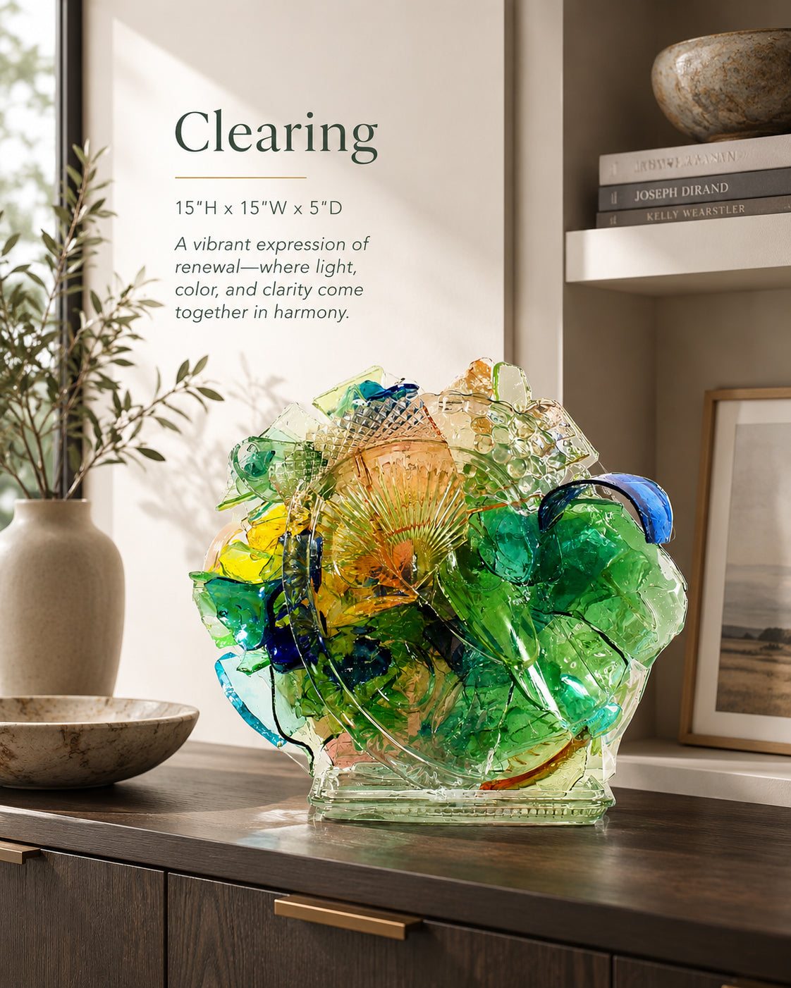 Colorful glass sculpture with various shapes and colors on a wooden surface with text about its dimensions and characteristics.