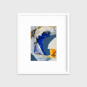 A blue, grey and yellow abstract print in a white frame with a mat hangs on a white wall.