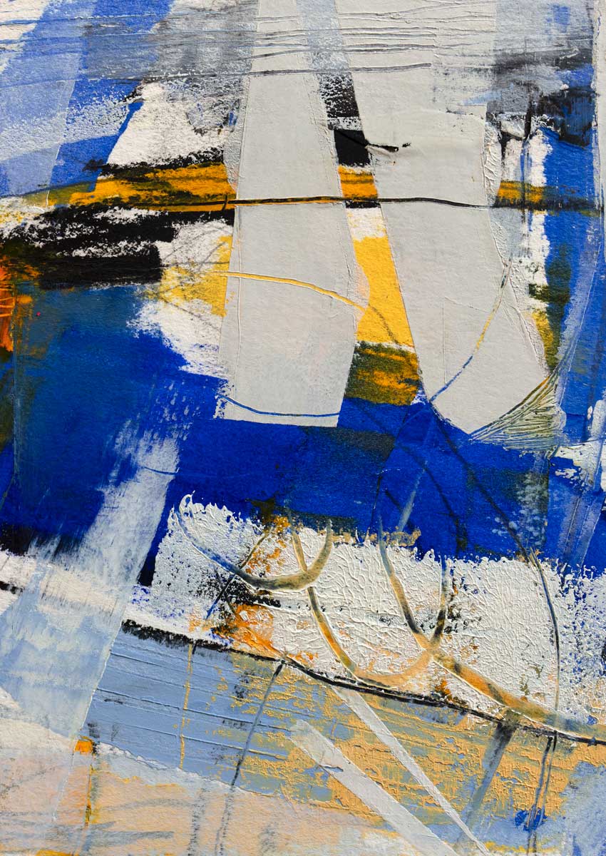 A blue, grey and yellow abstract print by Kelly Rossetti.