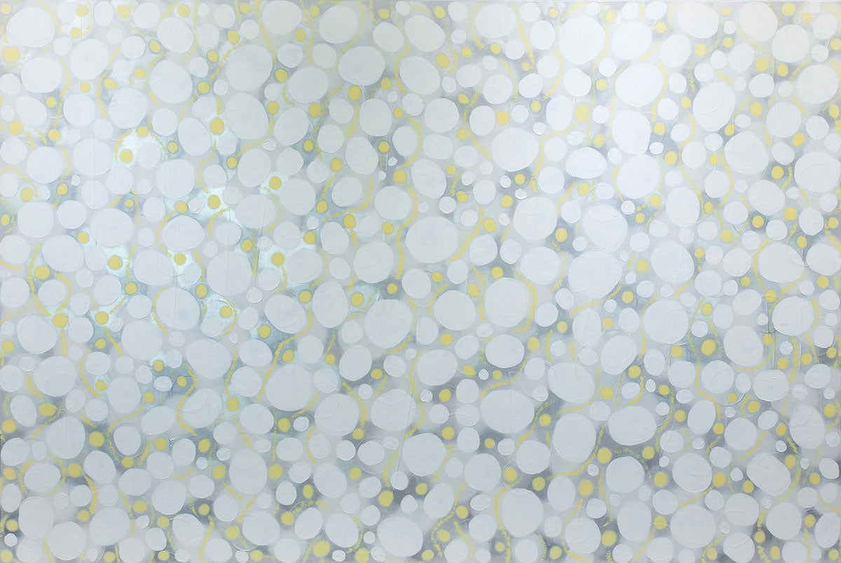 A white, grey, and yellow abstract painting by Sofie Swann.