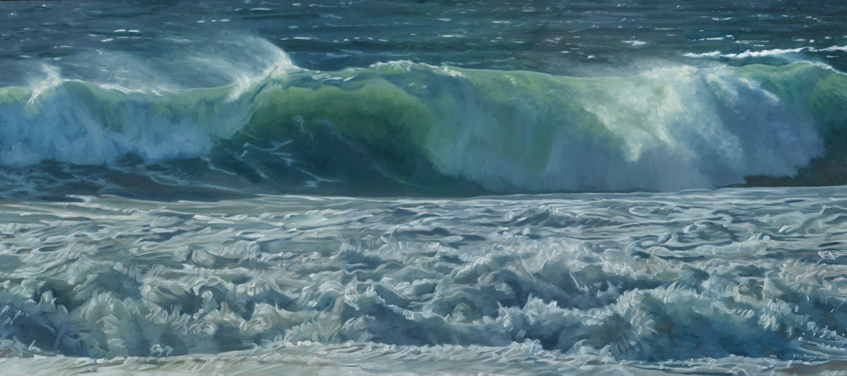 A painting of blue-green waves with white foam.