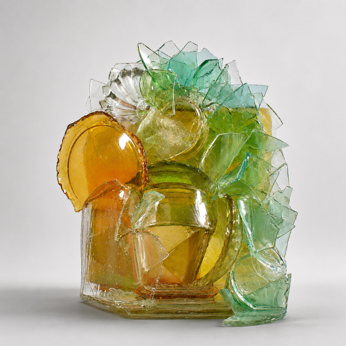 glass sculpture resembling a drink with ice and lemon on a white background