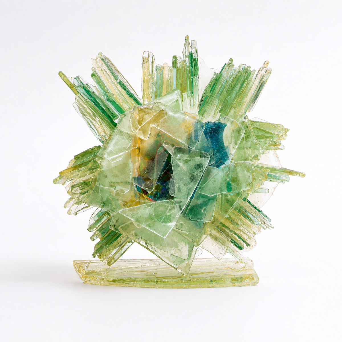 Multicolored glass sculpture on a white background