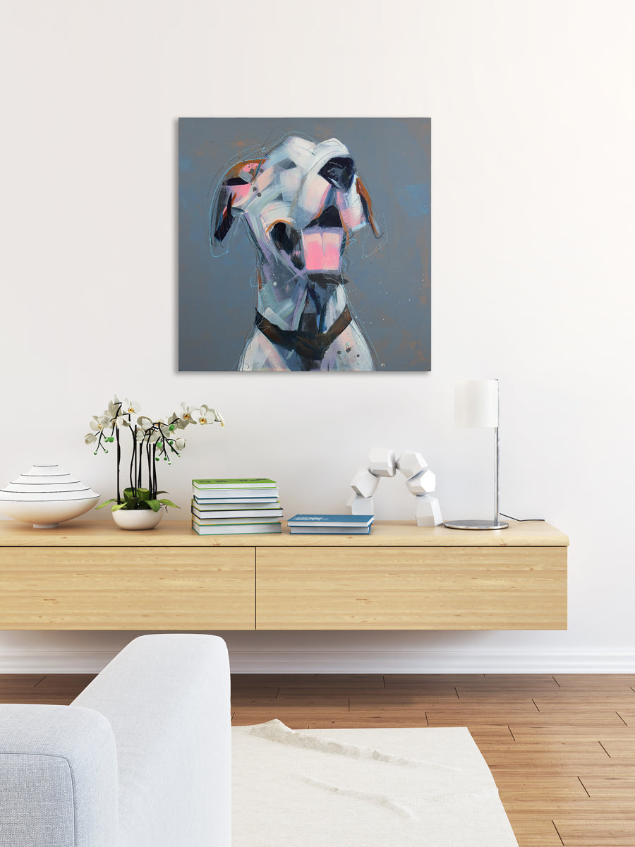 An abstracted painting of a dog on a grey background hangs on a white wall above a floating console table with modern table decor.