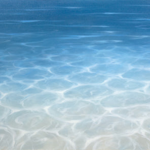 A blue coastal painting of light glistening over the surface of water by Laura Browning.