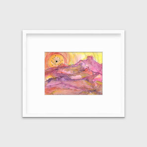 A pink, yellow and orange abstract landscape print with black outlines in a white frame with a mat hangs on a white wall.