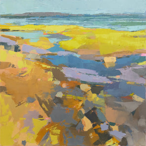A yellow and blue abstract landscape painting. 