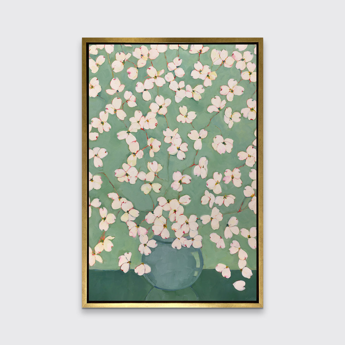 Framed artwork with floral design on a light gray background