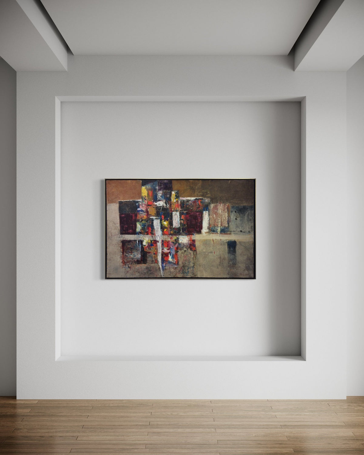 A modern painting by modern artist Stanley Bate is hung on a white wall in the gallery.