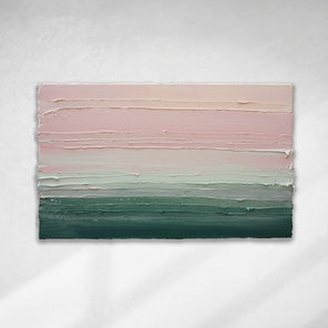 A light Coral, light pink, celadon and hunter green thickly textured abstract painting by Teodora Guererra hanging on a white wall.