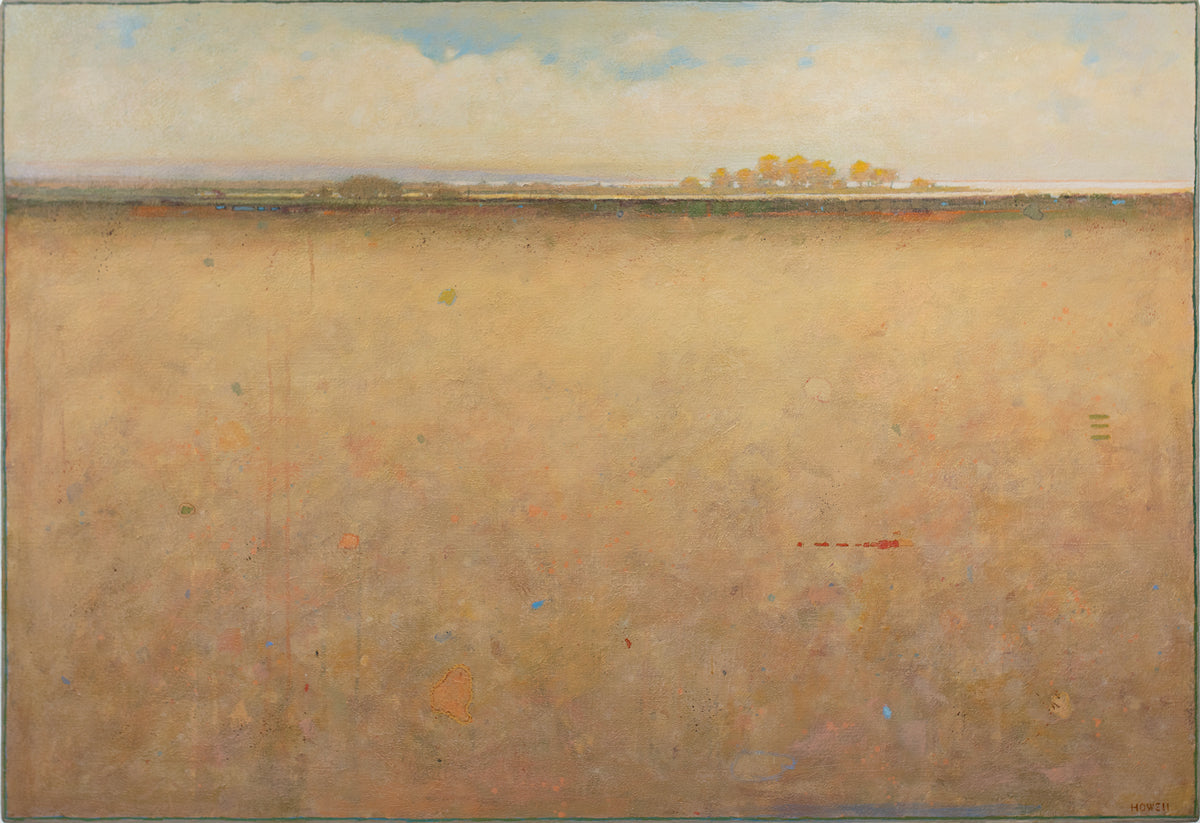 A beige and blue abstract landscape painting.