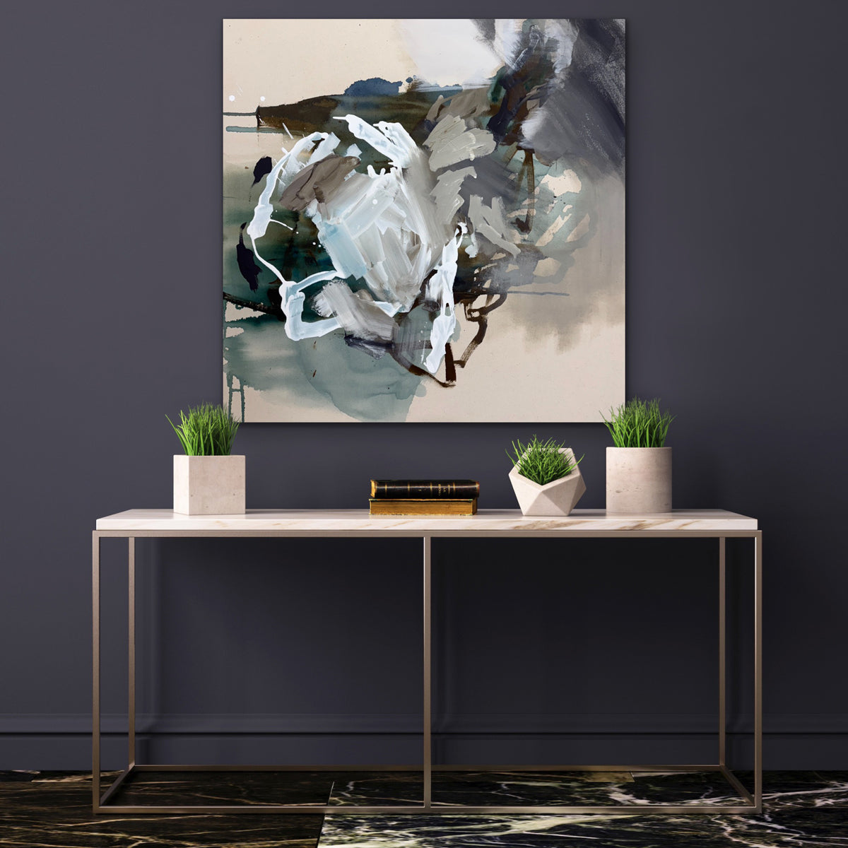 Abstract painting on a dark wall above a console table with decorative items.