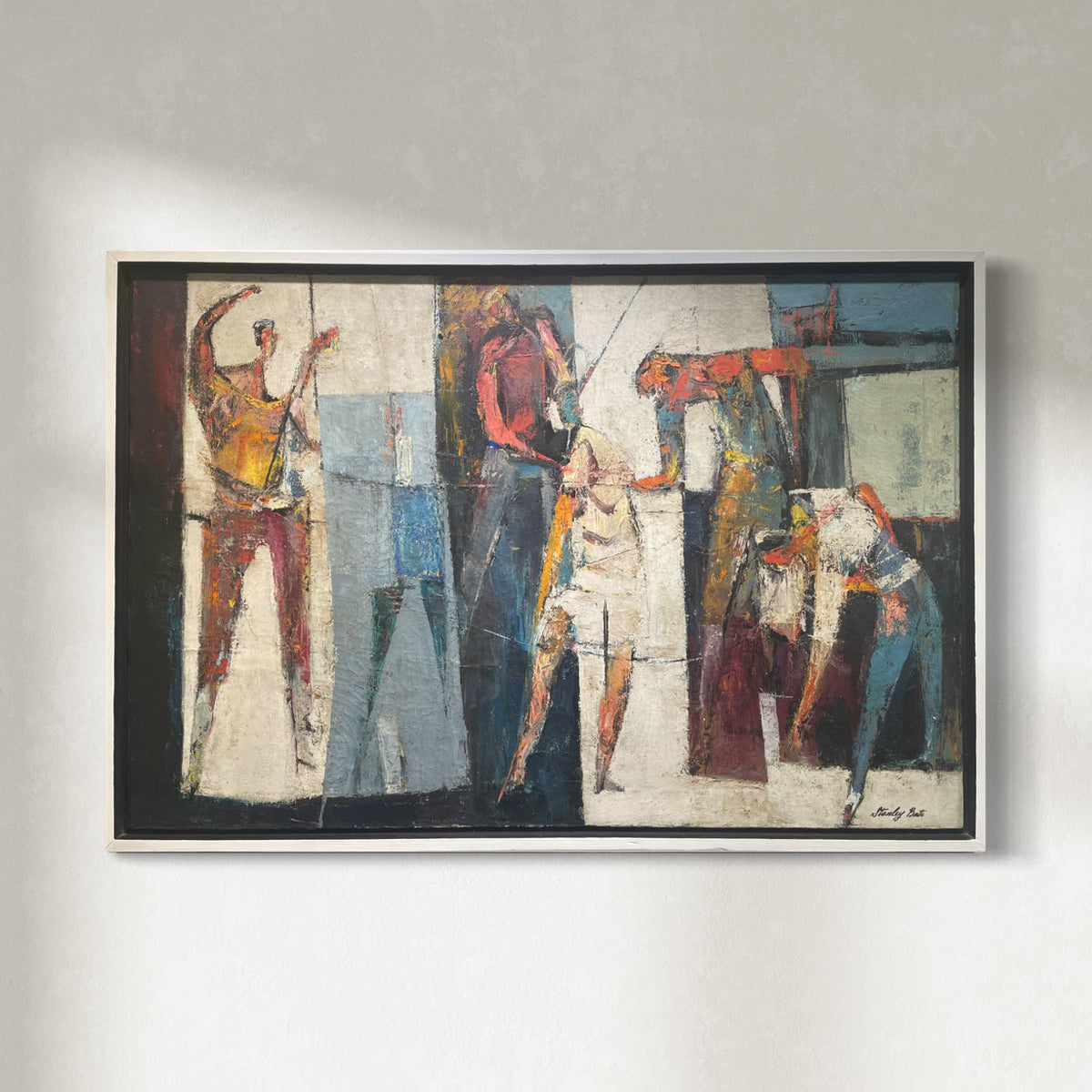An original modern abstract oil painting featuring various human figures in dynamic poses, predominantly in beige, blue, and red tones, mounted on a wall.