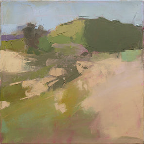 A green and warm beige abstracted landscape painting by Bri Custer. 