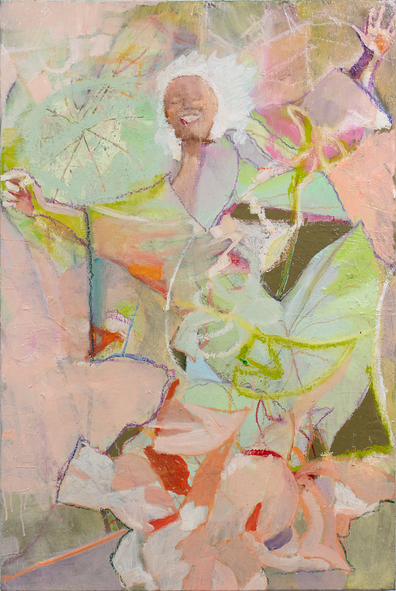A pink abstracted figure painting of a woman.