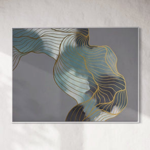 Abstract art piece with wavy lines on a gray wall.